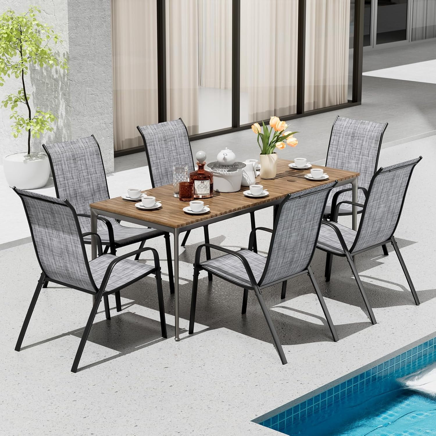 LAZY BUDDY Patio Dining Chairs Set of 6, Outdoor Stackable Dining Furniture Set, All Weather Dining Armchair for Lawn, Garden, Poolside