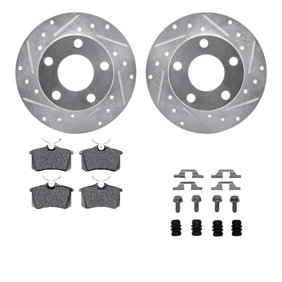 Dynamic Friction Company Rear Brake Rotors-Drilled and Slotted-Silver with 5000 Euro Ceramic Brake Pads includes Hardware 7612-73021
