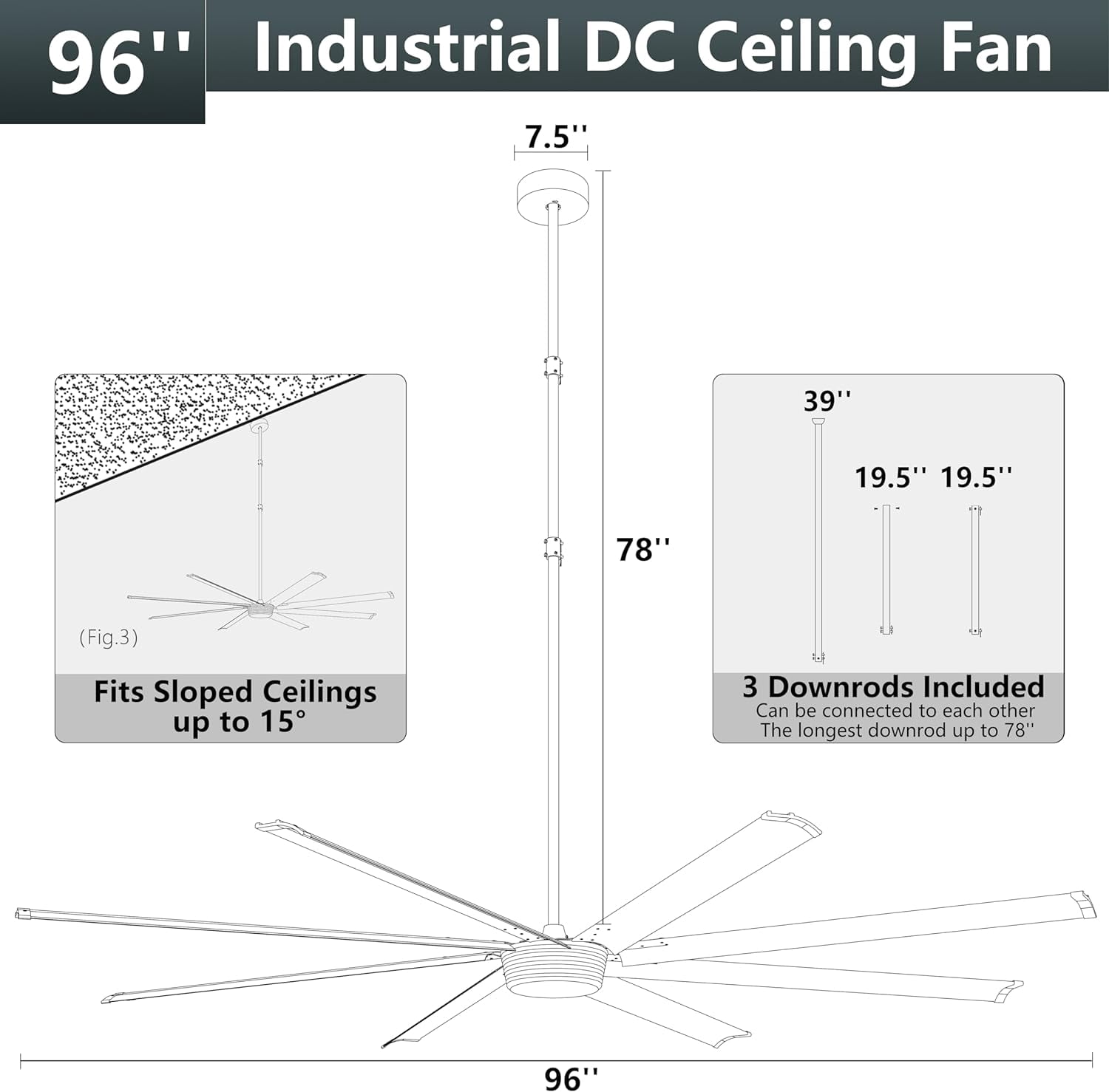 Ohniyou 96" Industrial Ceiling Fan No Light, Remote/APP Controlled, DC Motor High CFM Large Metal Fan with 8 Aluminum Blades for Shop Warehouse Gym, Black