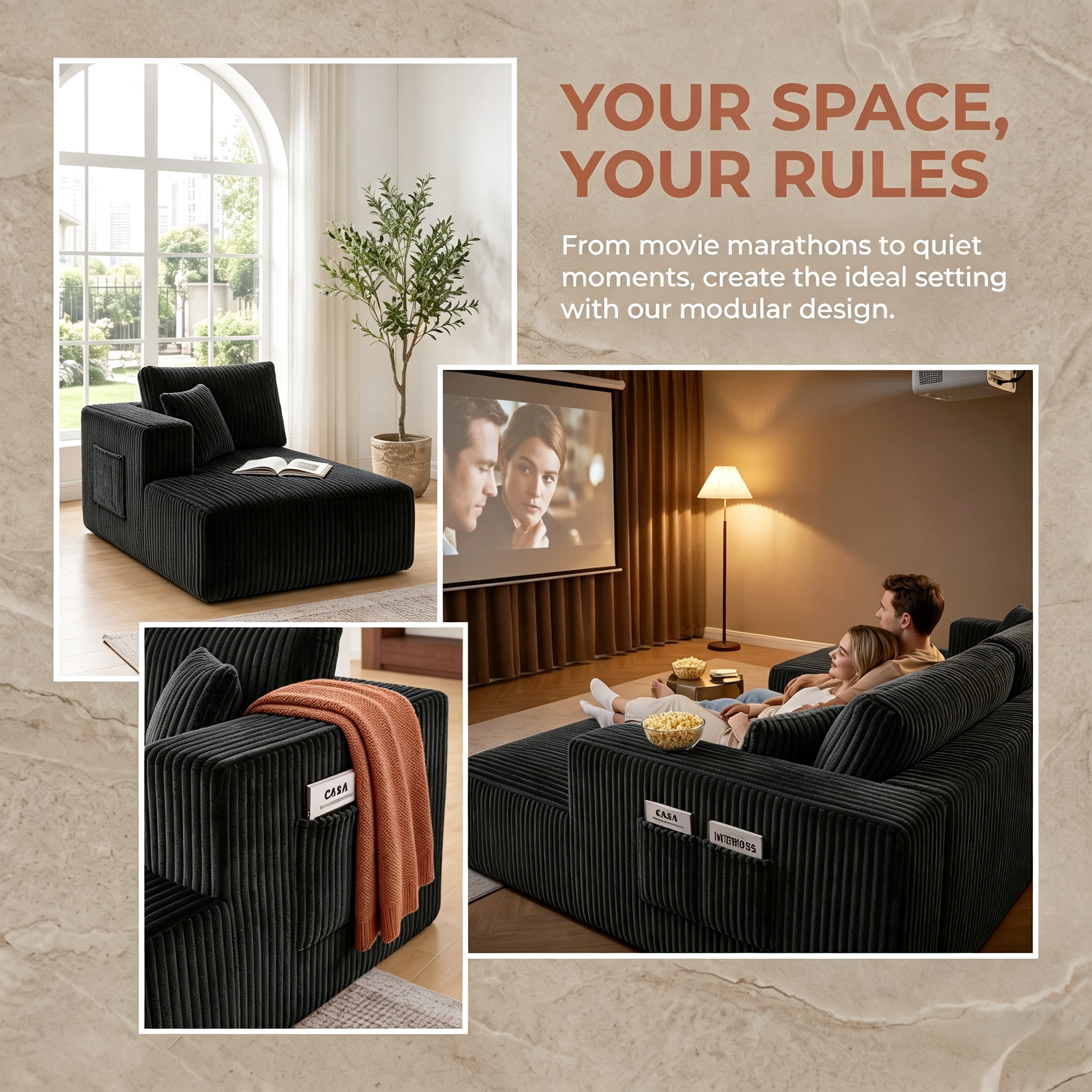 ShiKeyi 132.5" Modern U-Shaped Modular Sectional Sofa with Double Chaise, Corduroy Fabric Cloud Couch Set with Storage Pockets for Living Room, No Assembly Required, Black