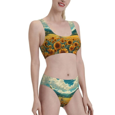 Uemuo Field Style Bicycle Young Sunflower Printed Women s High Waisted Bikini Sets Sporty Two Piece Swimsuits Color Block Cheeky High Cut Bathing Suits-XX-Large