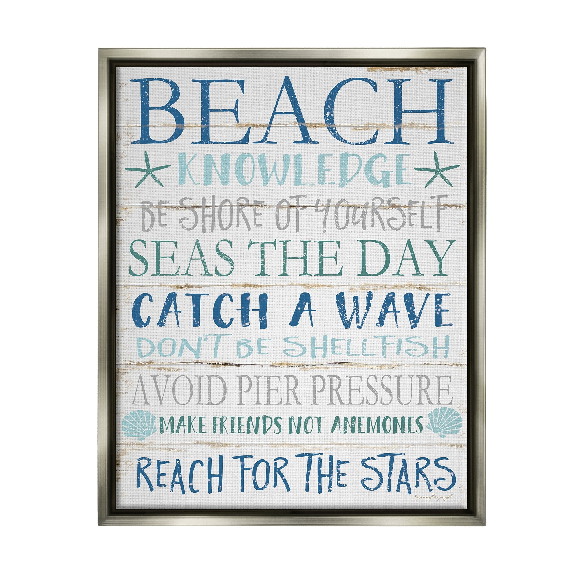 Stupell Industries Beach Knowledge Blue Aqua and White Planked Look Sign Luster Gray Framed Floating Canvas Wall Art, 24x30, by Jennifer Pugh