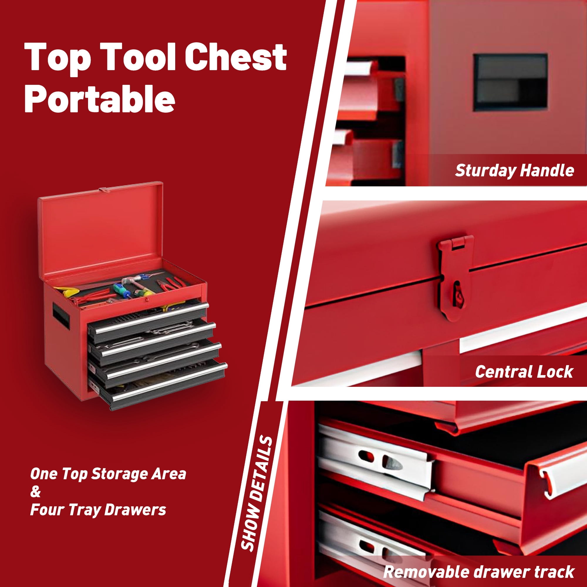 Aukfa Tool Box, 2-in-1 Rolling Tool Chest & Cabinet on Wheels for Garage Workshop, 5-Drawer, Red&Black