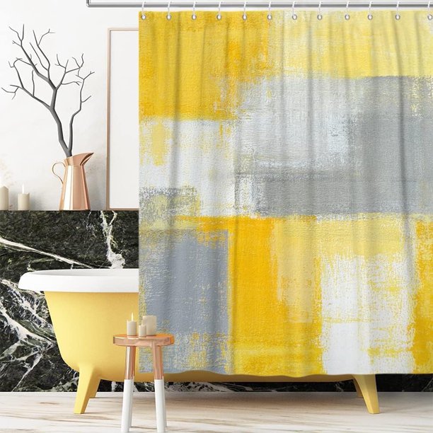 Cortina de ducha amarilla, acuarela amarilla, pinceladas contemporáneas, pintura al óleo, cortina de baño geométrica abstracta, decoración de bañera, tela impermeable con ganchos, 72" de ancho x 72"
