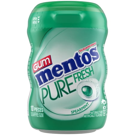 Mentos Pure Fresh Sugar-Free Spearmint Xylitol Chewing Gum, Fresh Breath, 10 Count Resealable Bottle