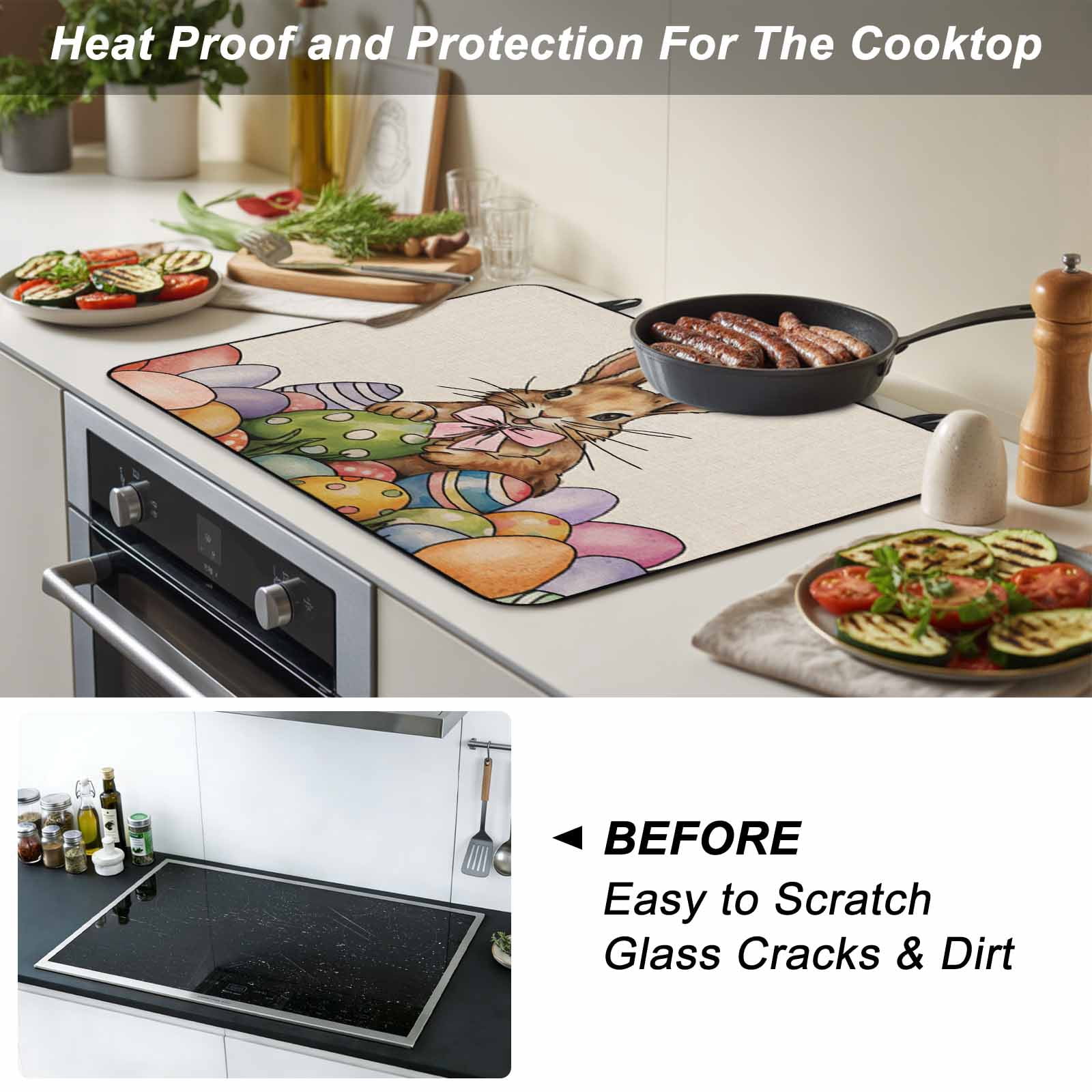 Easter Rabbits, Stove Top Cover for Electric Stove, Heat-proof & Non Slip Glass Top Stove Cover Protector, Easter Bunny Farmhouse Country Eggs Kitchen Flat Cooktop Rubber Mat 24x21 Inches