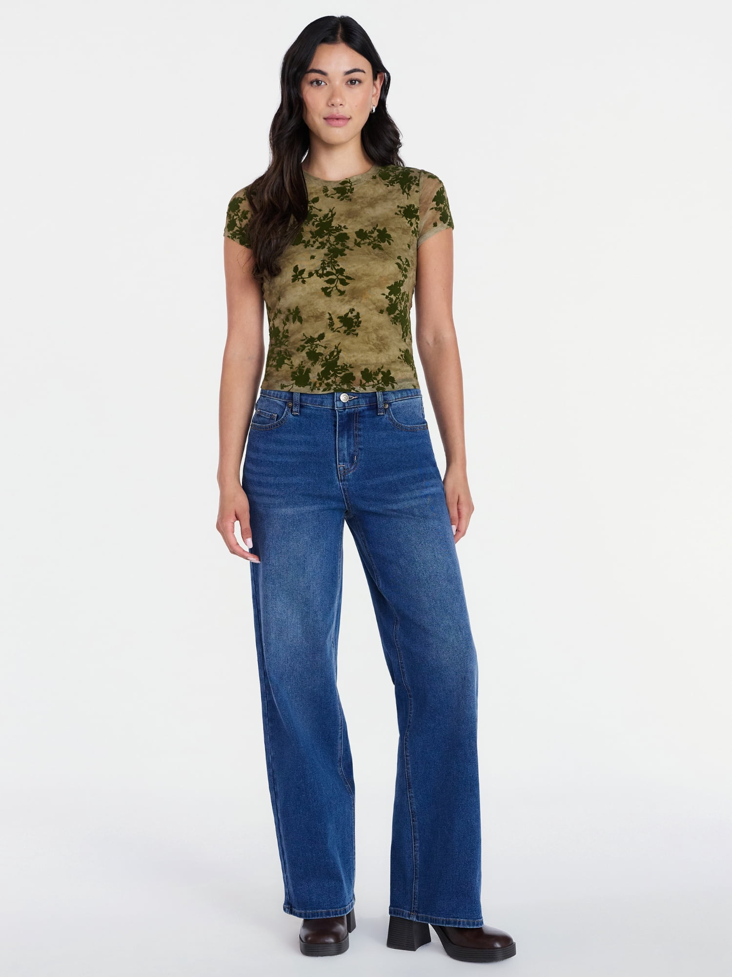 Madden NYC Women’s Flocked Floral Mesh Crewneck Tee with Short Sleeves, Sizes XXS-XXL