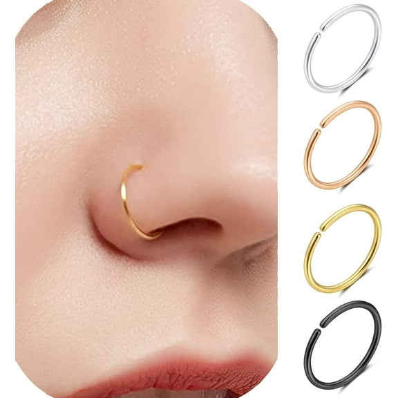 4Pcs 925 Sterling Silver Gold Nose Rings Hoops for Women - Small Thin Dainty 7mm 22G Nose Piercing Jewelry Set, 14K Yellow/White/Rose/Black Gold Plated