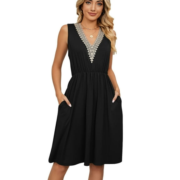 Jdlsppl Women's Summer Dress Midi Sundress Vintage Party Casual Holiday Dinner Spring Elegant A Line Dress Black Small