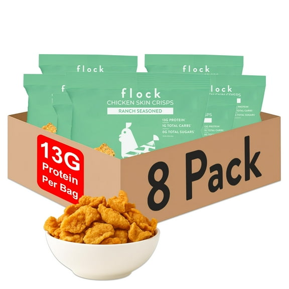 Flock Keto Chicken Skin BCF26 Chips | Low Carb, High Protein, Sugar Free, Gluten Free Single Serve Snack - Ranch Flavor, 8-Pack (1oz)