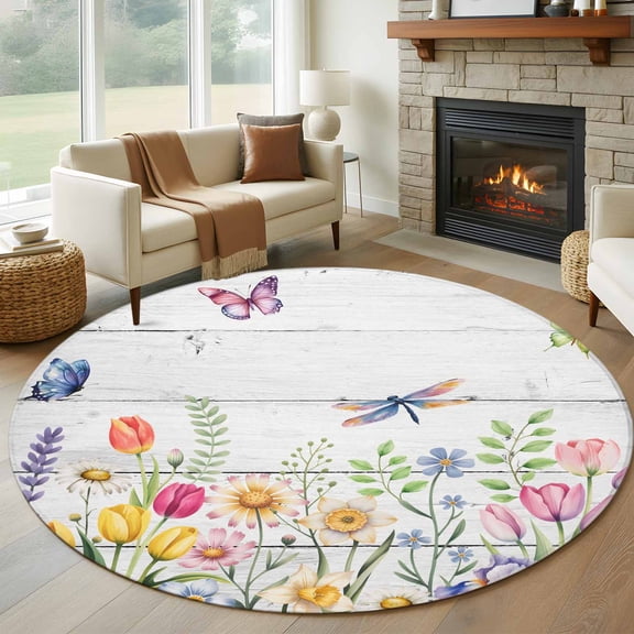 Wildflowers Round Rug 6ft Washable Circle Kitchen Rugs Non Slip Spring Farmhouse Tulip Floral Leaf Wooden Grain Large Area Rug Indoor Floor Carpet for Bedroom Living Room Home Office Dining Room