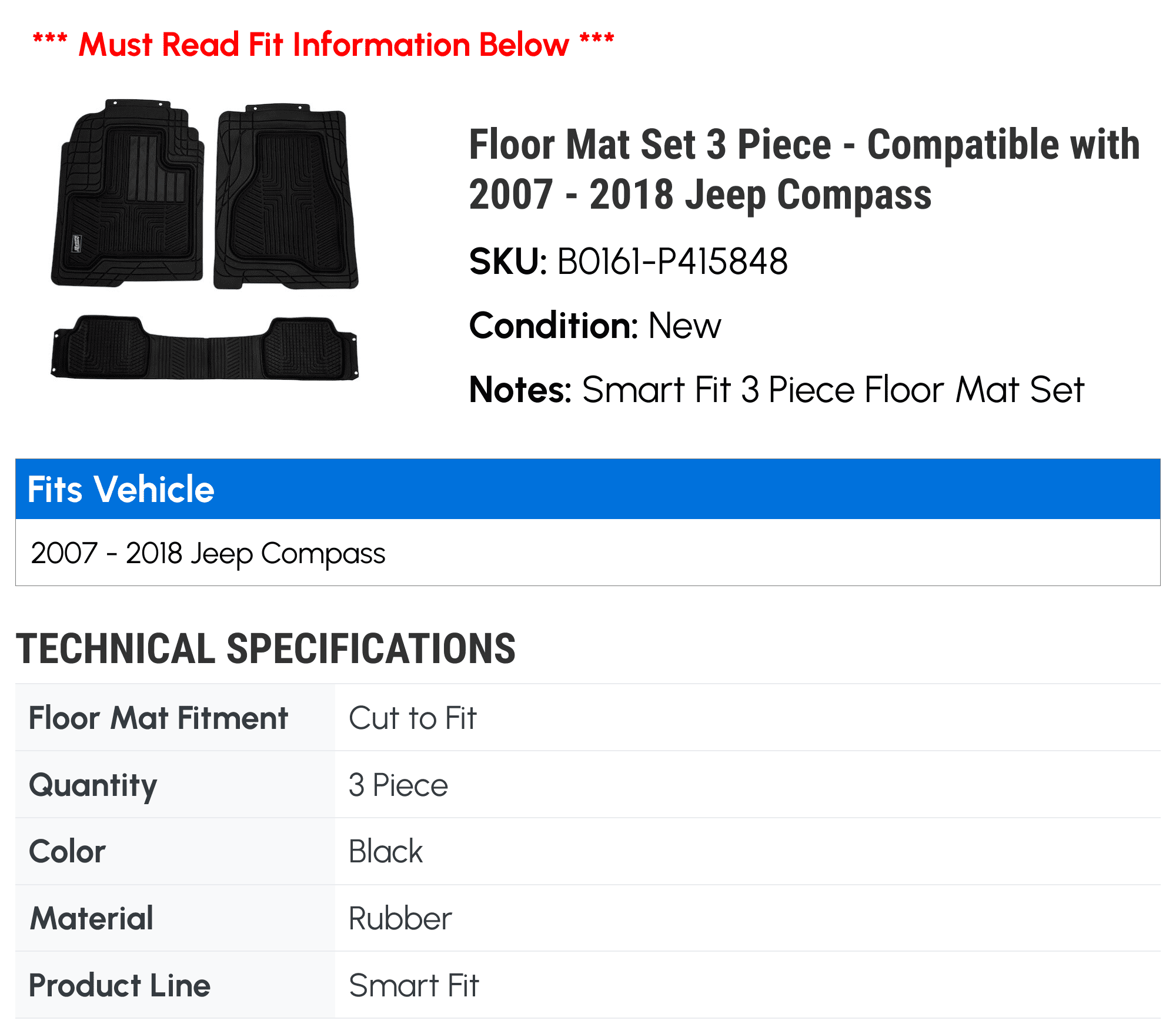 DIY Solutions, Floor Mats, Fits 2007 - 2018 Jeep Compass - Black, 3 Piece