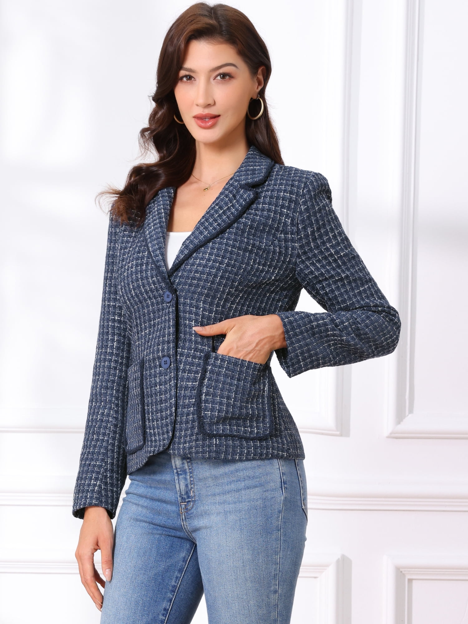 DARING DIVA Women's Notch Lapel Long Sleeve Elegant Business Casual Jacket XS Dark Blue