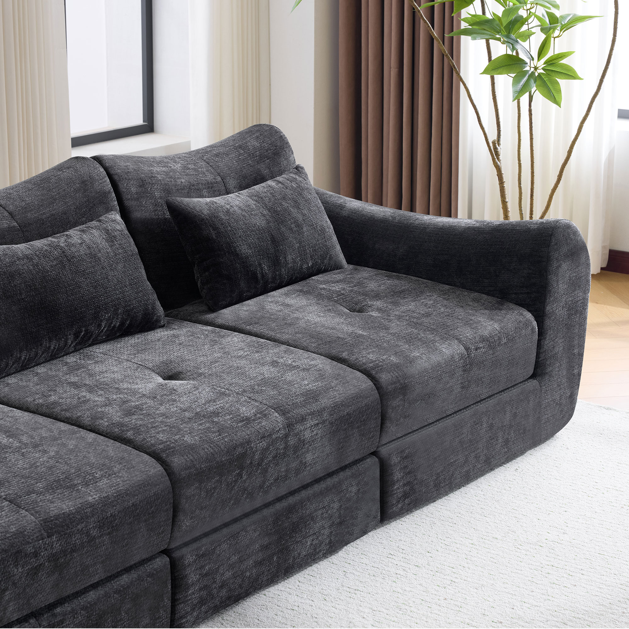 Gewnee Folding Sofa Bed,Modular Convertible Couch with Pillows,Pull Out Floor Couch,Chenille Boneless Futon Bed for Living Room,Bedroom.Black