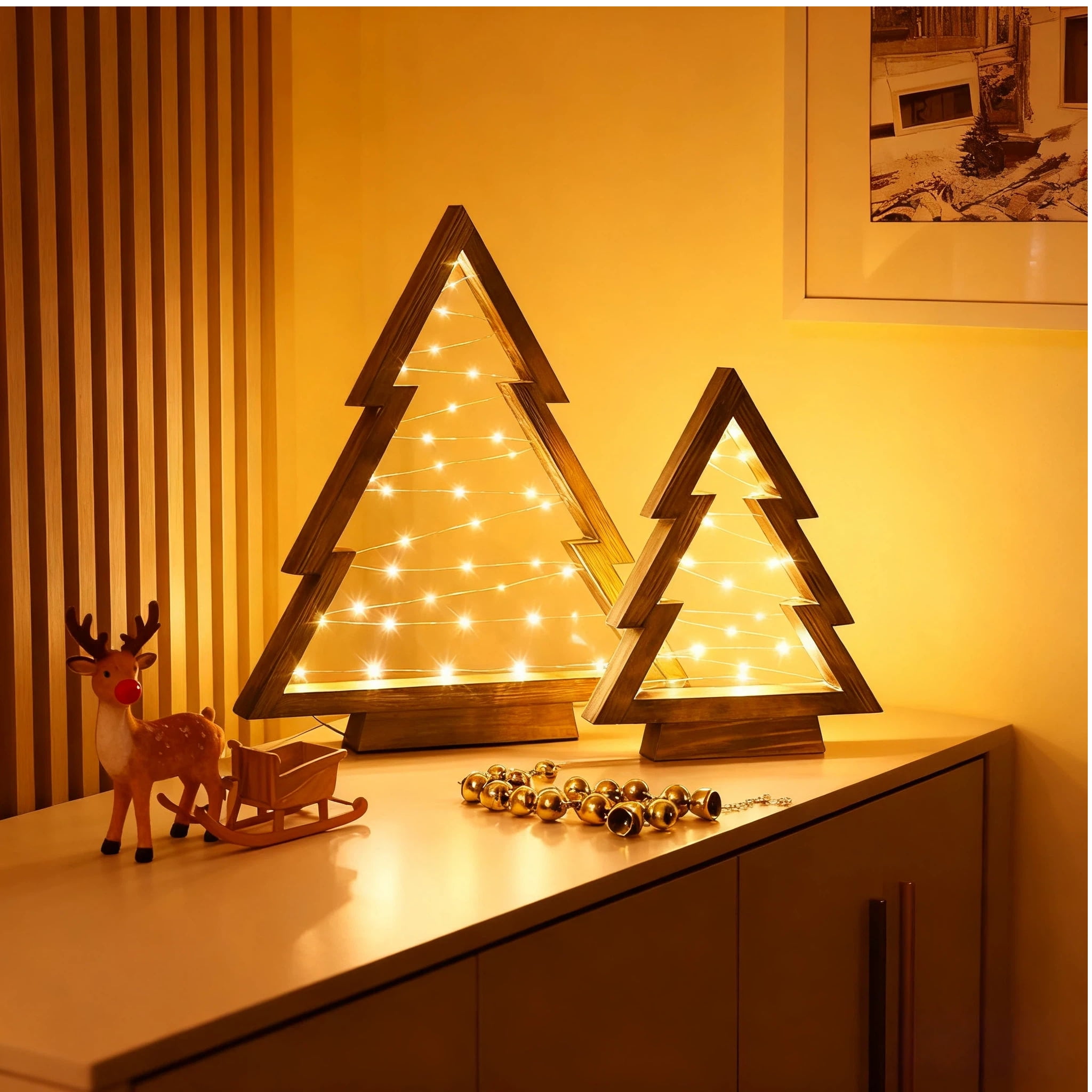 Under 50 Dollars! 2Pcs Christmas Tree Gold LED Wooden Light, Modern Farmhouse Tabletop Christmas Decor, Table Fireplace Mantle Shelf Decorations, Gifts for Women Men Friends(14.3" and 10.7" Tall)