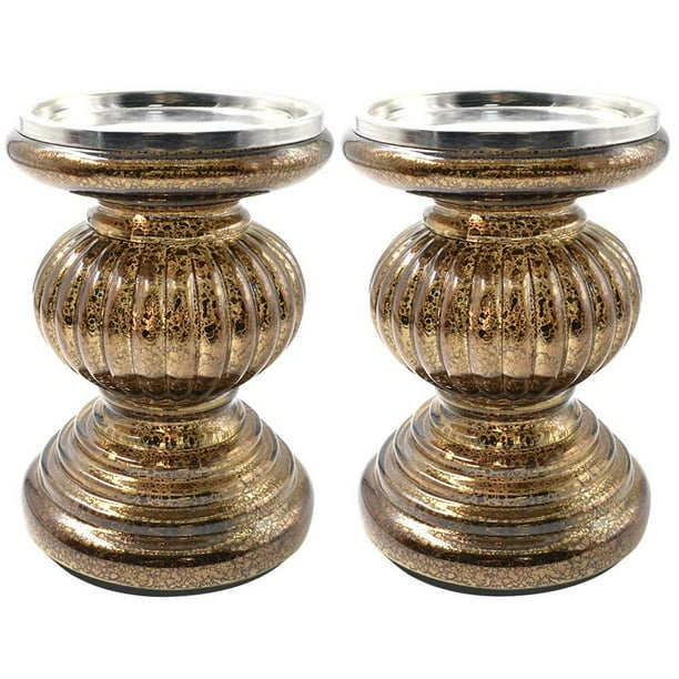 S/2 Lit Candle Holder Pedestals, 5.3" Handmade Festive Ribbed Mercury