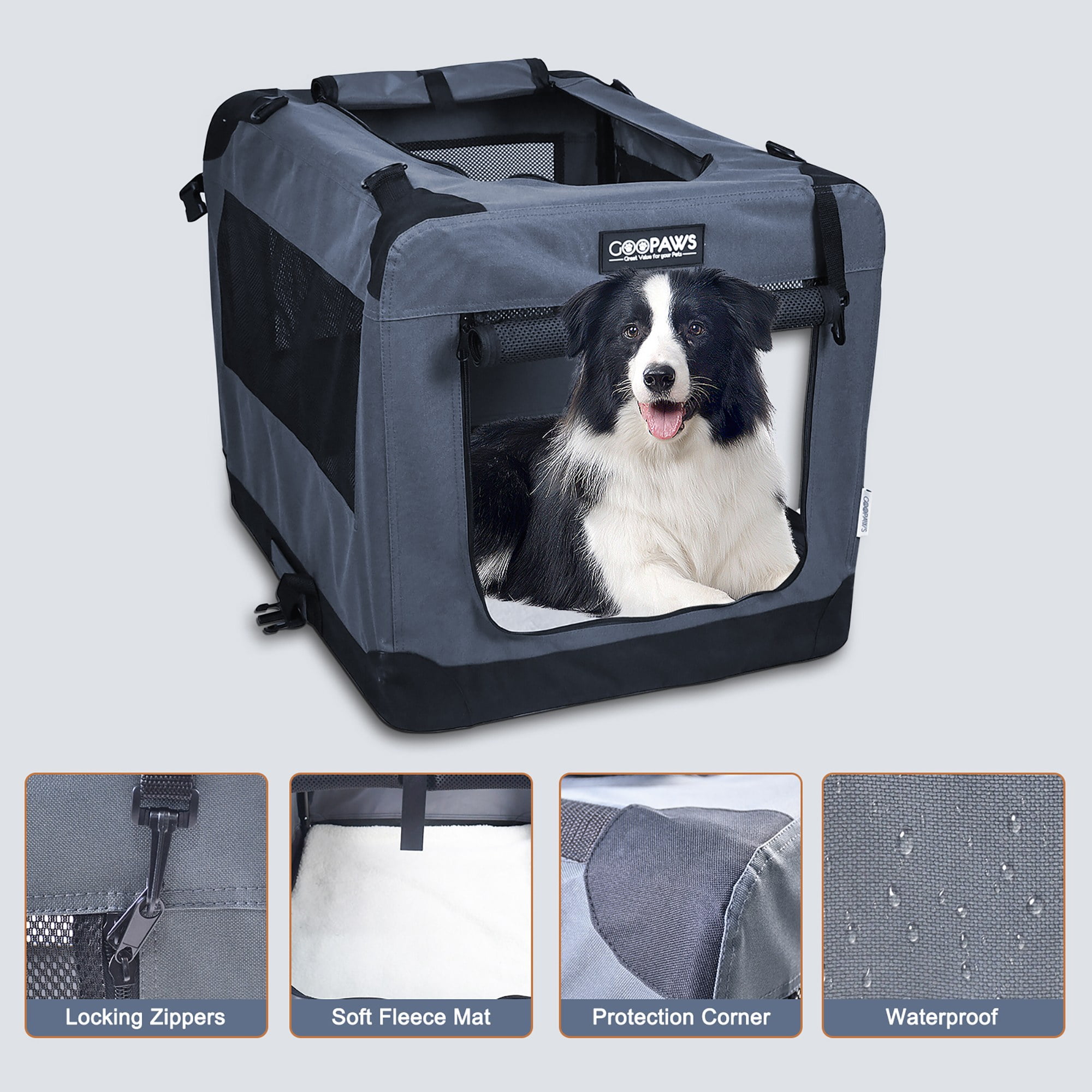 JESPET & GOOPAWS: 27" Soft Pet Crate - Grey - Dogs & Cats Up to 35 lbs, 3 Door Folding Kennel, Indoor Outdoor Travel Carrier, Mesh Windows, Fleece Mat