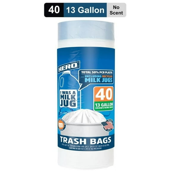 Hero, I Was A Milk Jug, 13-Gallon Trash Bags, 40 Count, Unscented, Recycled, Office, Kitchen, 50% PCR