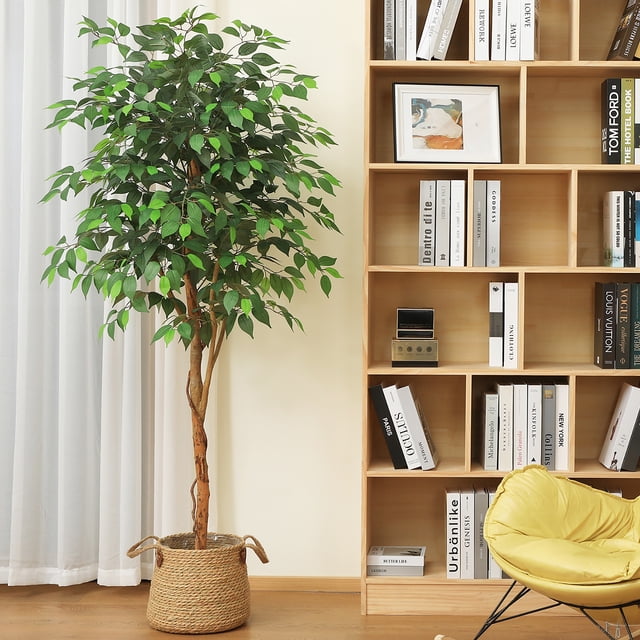 DR.Planzen 6 ft Artificial Ficus Tree with Natural Wood Trunk and Realistic Leaves, Fake Plant, Faux Ficus Tree for Indoor Outdoor