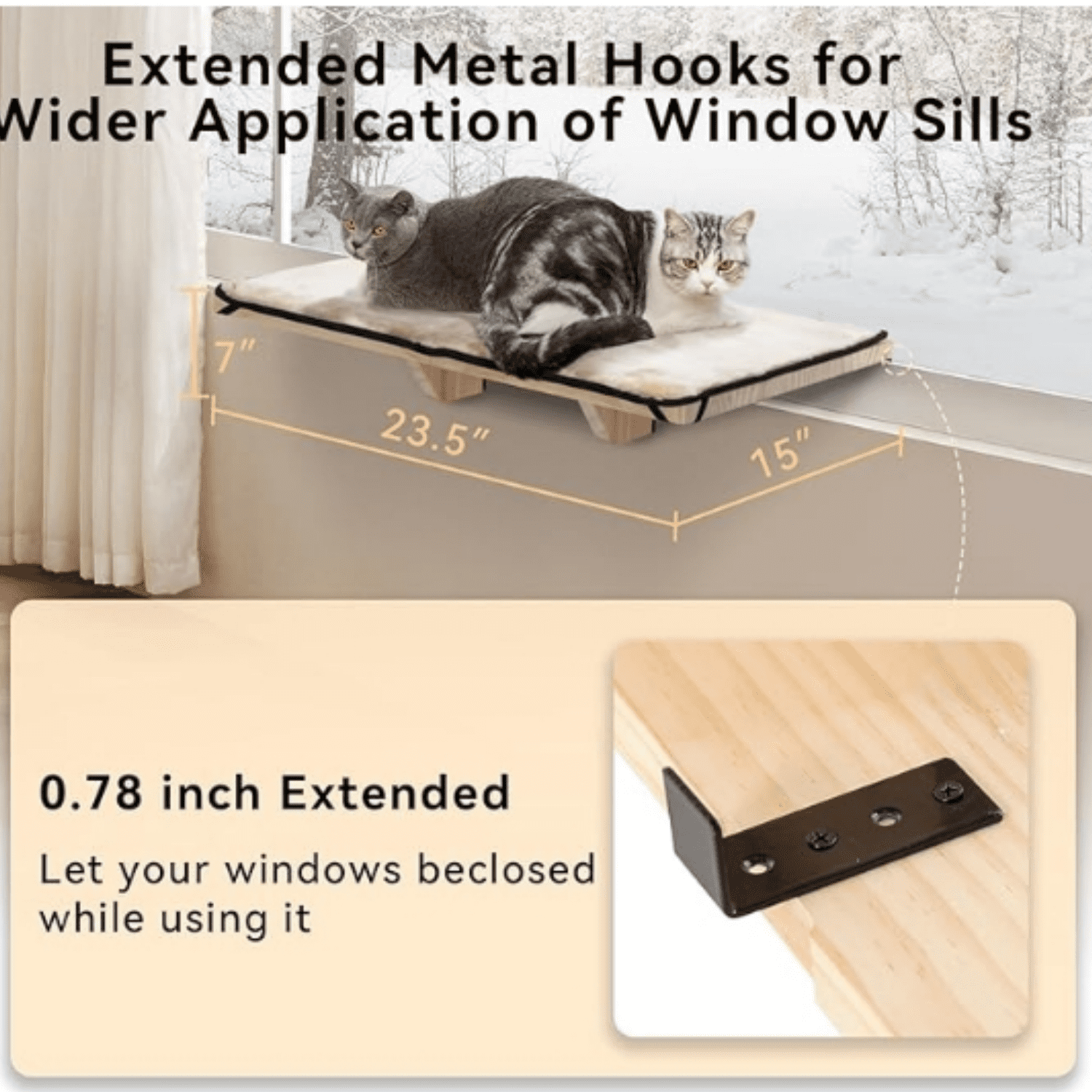 2 Cats Design Cat Window Perch, Cat Hammock Window Seat with   Wood &Removable  Mat for Large Cats, Easy to Adjust&Assemble Cat Bed for Windowsill, Bedside and Drawer