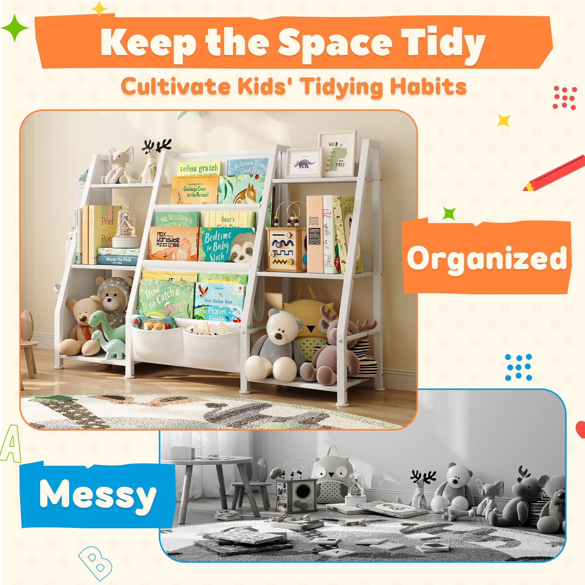 Joqixon Kids Bookshelf Large Storage Bookcase: 3-Tier Book Sling Shelf Toy Organizer for Toddler - Display Rack with 3 Pockets for Kids Rooms, Bedroom, Playroom, Nursery (White, Wood + Metal)