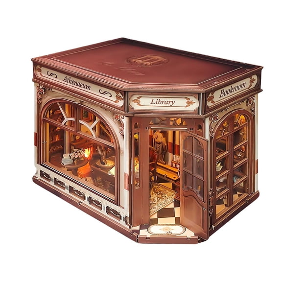 3D Wooden Puzzle Athena's Study Book Nook with LED Lights - DIY Classic Library Miniature Dollhouse Kit, Stress-Relief Building Model for Adults, Creative Home Decor & Gift