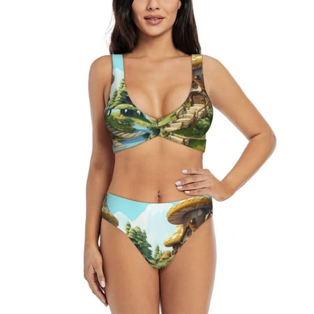 Zeuib Cartoon Mushroom House High Waisted Tummy Control Bikini Set - Knot Front Push Up Top & Cheeky Thong Bottom  Two-Piece Swimsuit for Women-X-Large