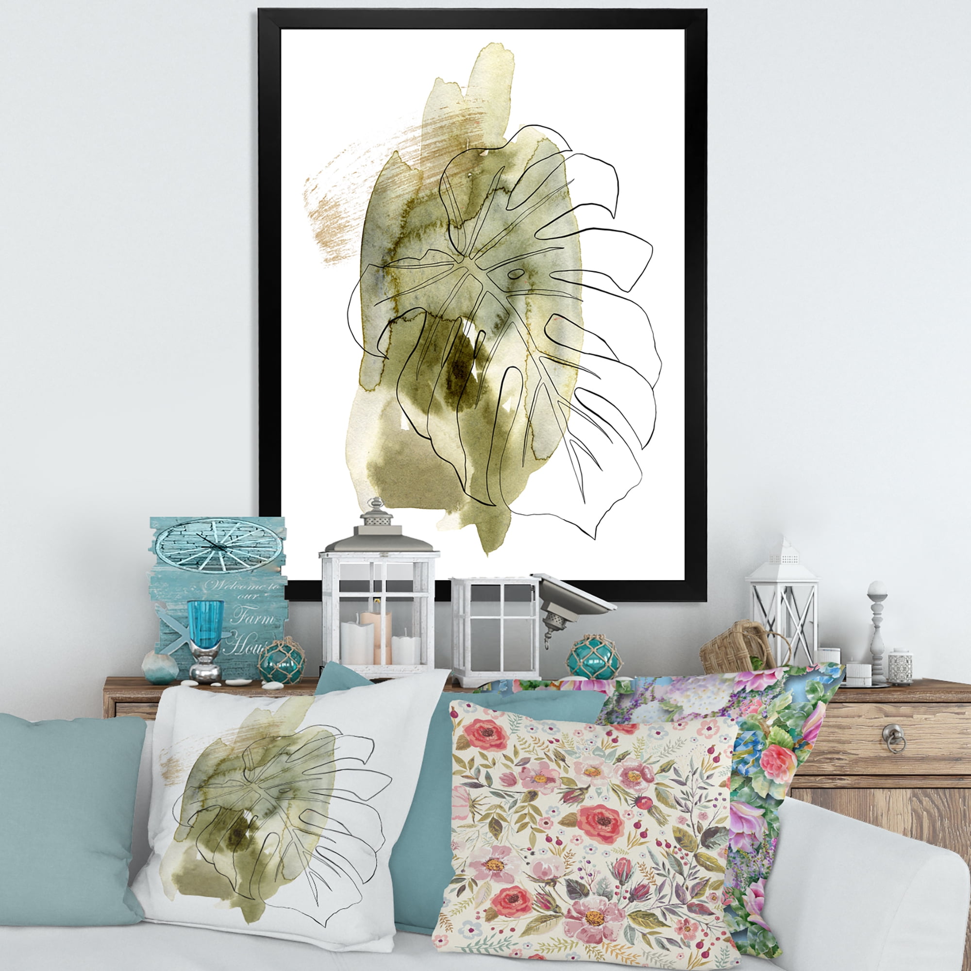 Designart 'Line Art Monstera Branch Tropical Abstract Leaves on Green' Traditional Framed Art Print