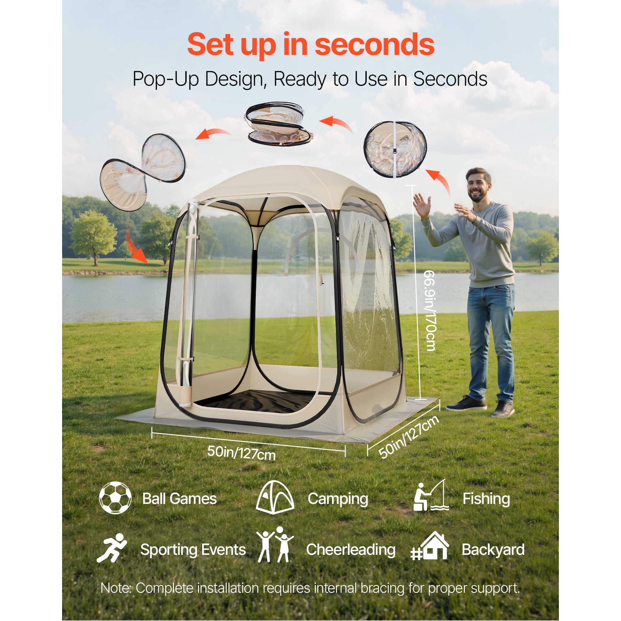 KFFKFF Pop-Up Sports Tent, 50x50 in Clear Outdoor Shelter for One Person, Waterproof Pod with Floor Mat & Top Cover, Garden Dome Tent for Camping, Events, Fishing, and Outdoor Activities