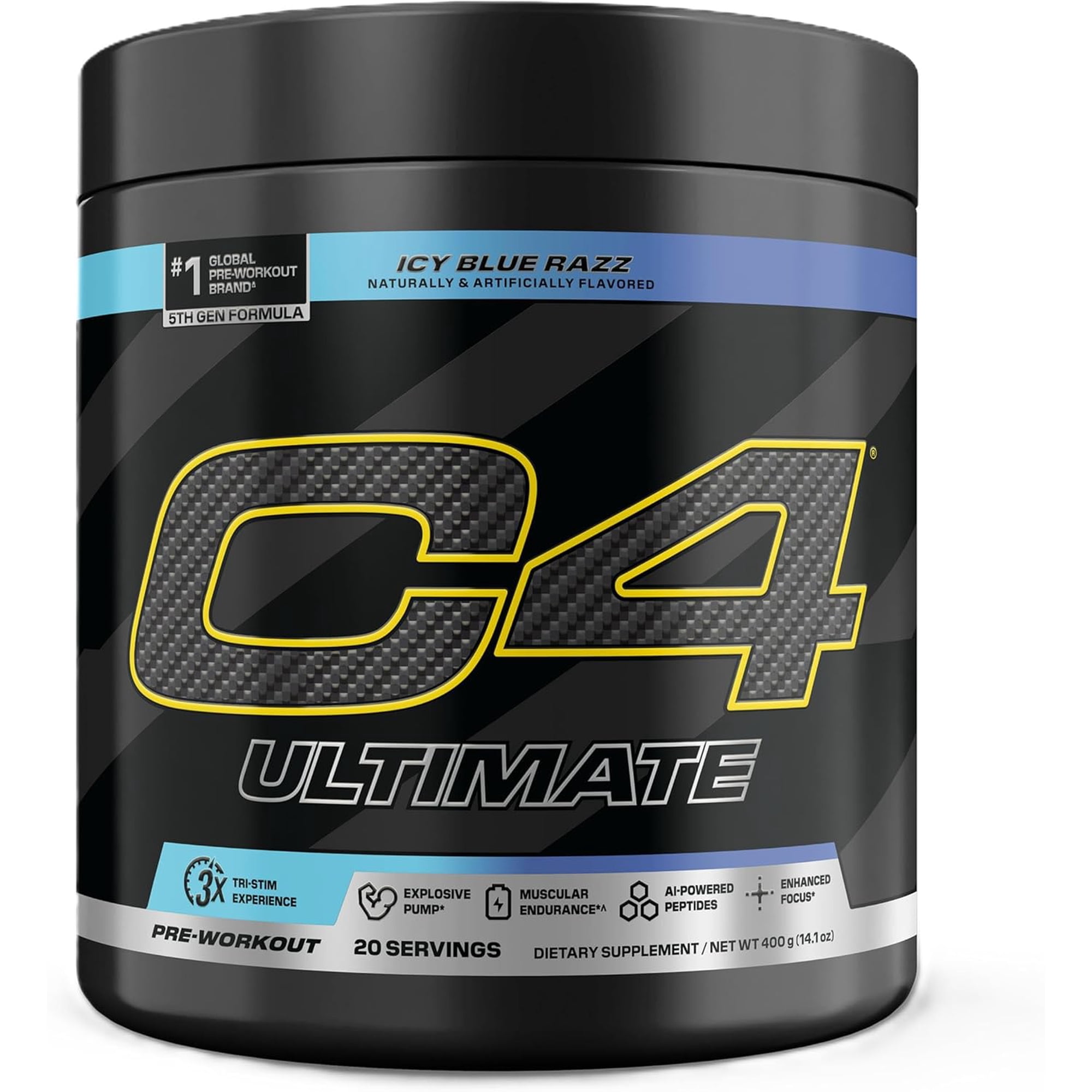 C4 Ultimate Pre Workout Powder, 300mg Caffeine Energy Formula with Beta Alanine, Creatine, TeaCrine & Dynamine, Sugar Free Preworkout for Men & Women – Icy Blue Razz, 20 Servings