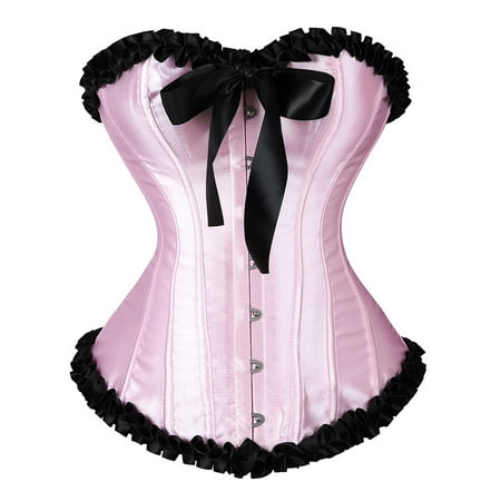 CHCNHAC Corset Lingerie for Women Floral Pleated Trim Corset Bodysuit Satin Boned Lace Up Strapless Shapewear Sexy Plus Size Steampunk Costume Pink S