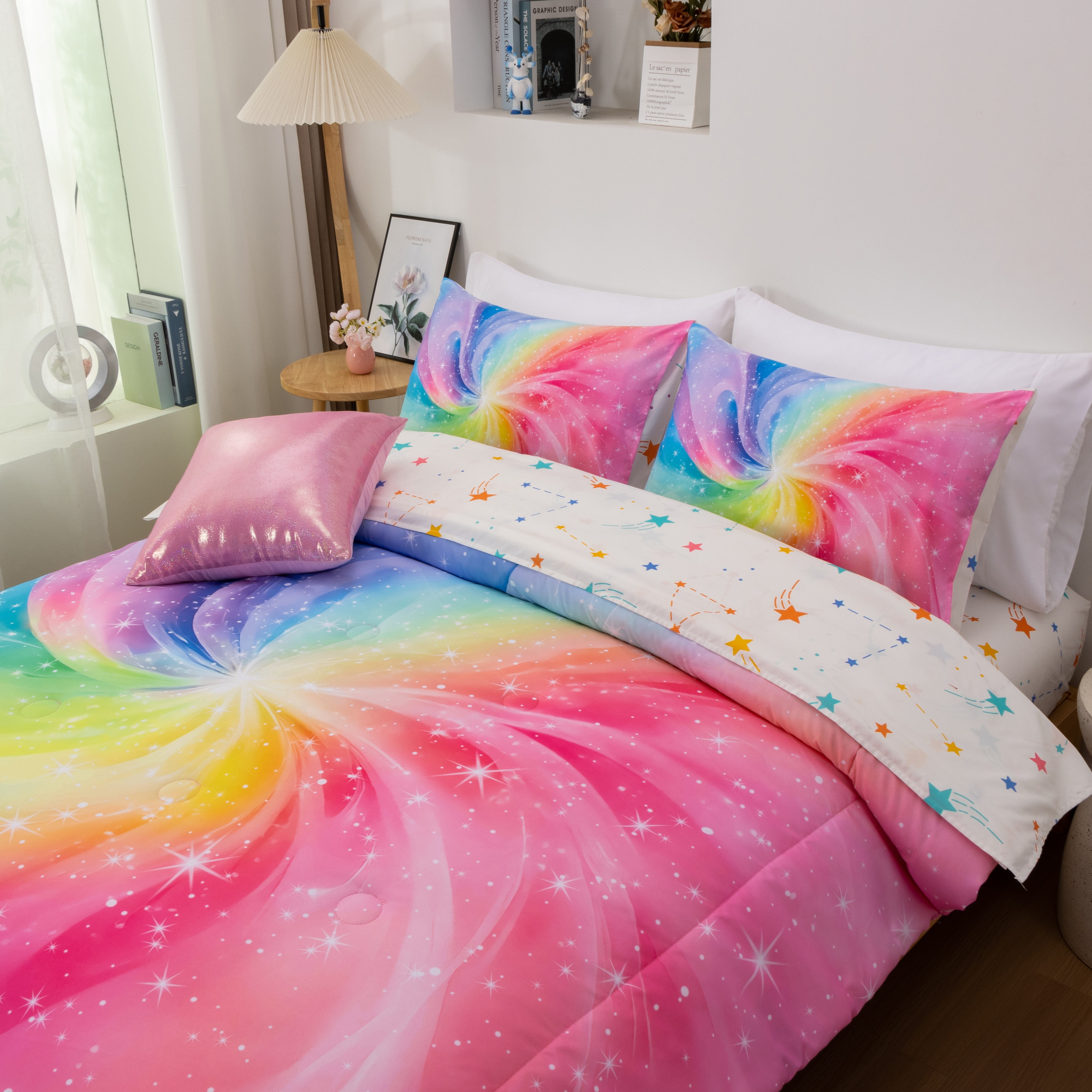 NTBED 6Pcs Twin Swirling Galaxy Dreamy Comforter Set, Colorful Rainbow Gradient Glitter Tie Dye Comforters, Ultra Soft Bedding Set (Pink, Twin 6Pcs)