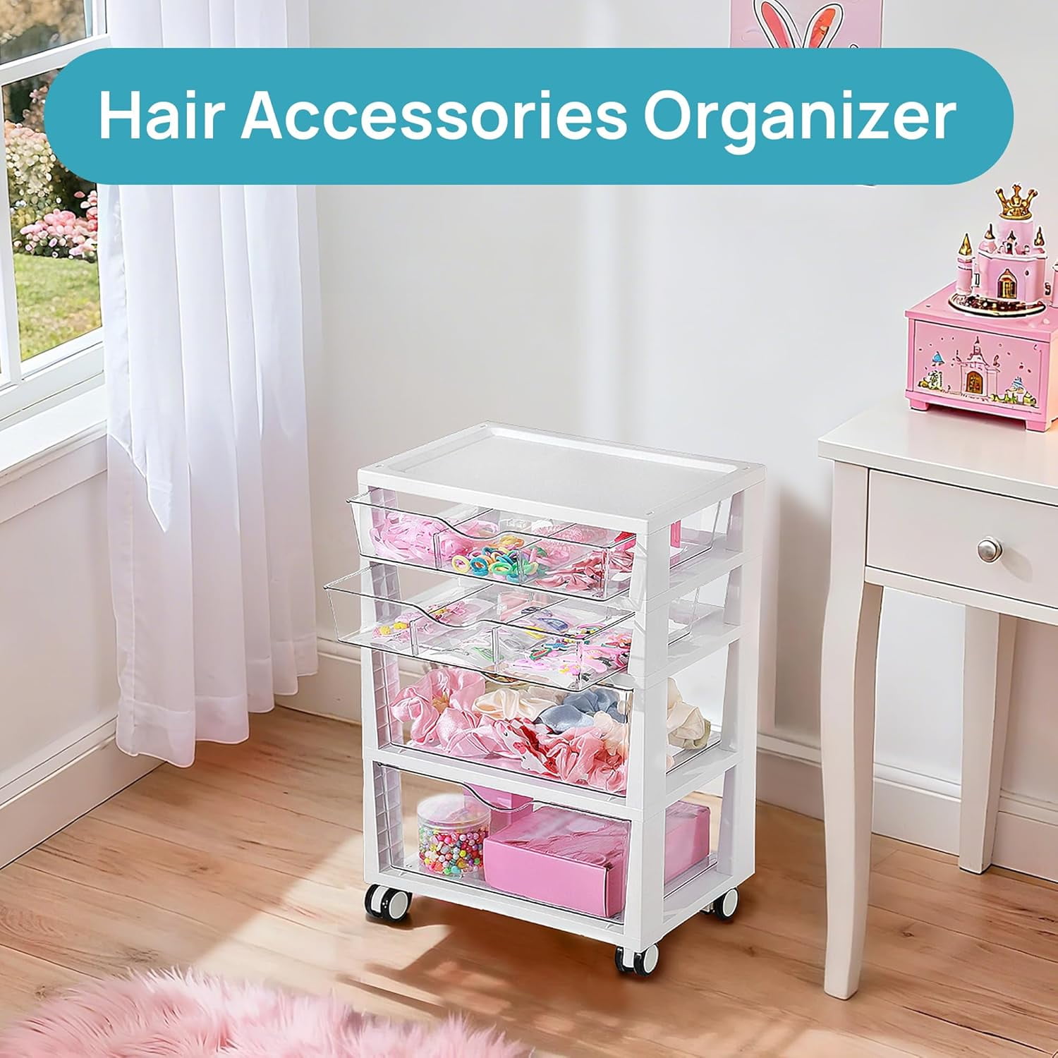 JessieMal Plastic Drawer Storage Rolling Cart with Wheels, 4-Tier Drawer Organizer for Art Crafts Supplies, Home Office Supplies, Toys, Under Desk Storage for Office, Craft Room, Bedroom, Classroom