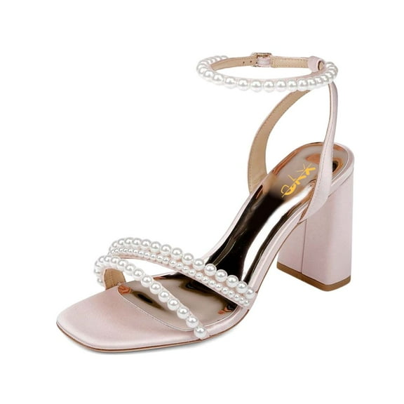 XYD Women Bridal Pearl Strappy Square Open Toe Sandals Block High Heels Buckle Ankle Strap Pumps Dress Prom Cocktail Shoes Size 7 Pink