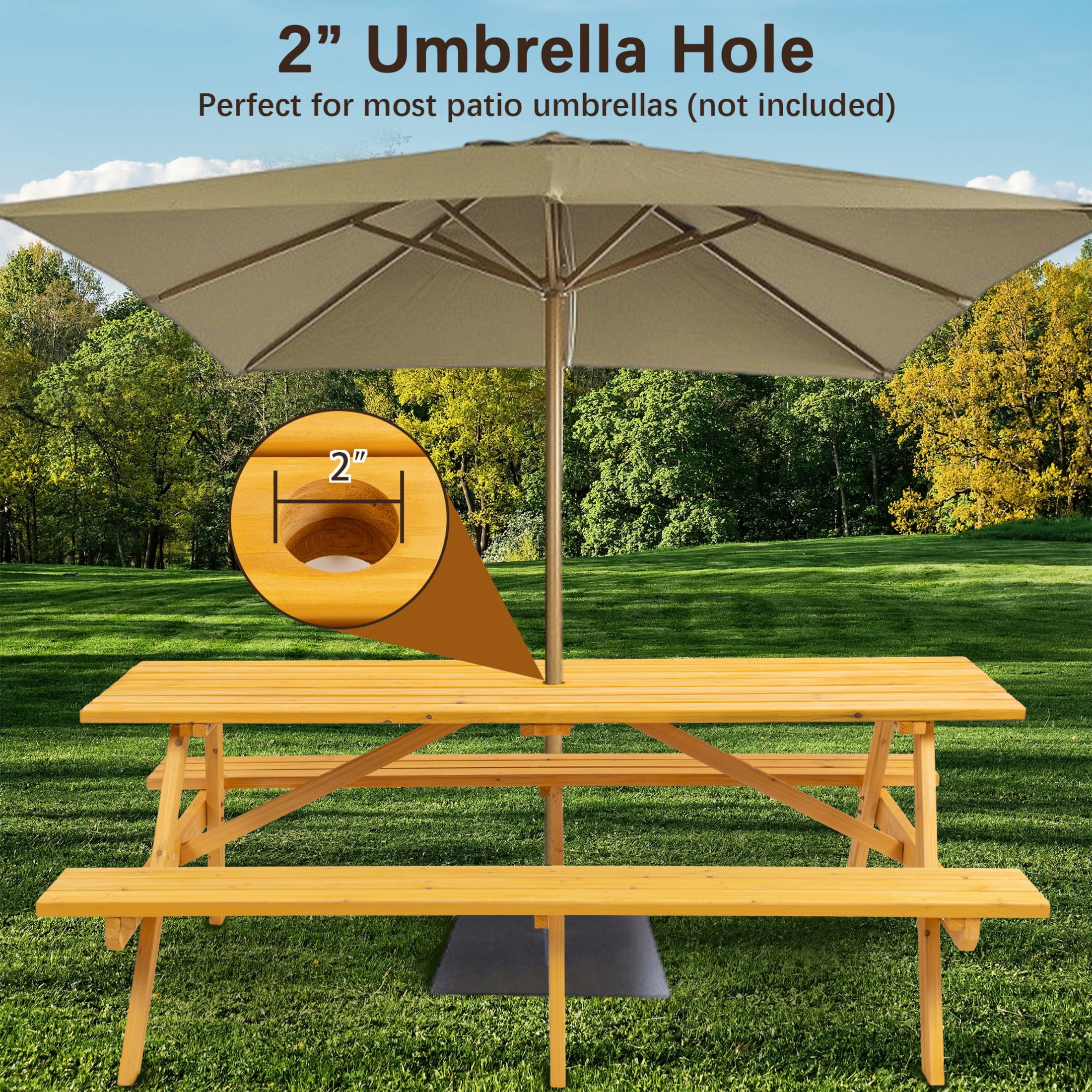 Noble House Jocasta 8-Seat Rectangular Outdoor Picnic Set, Patio Wooden Dining Table with Built-in Benches, Natural