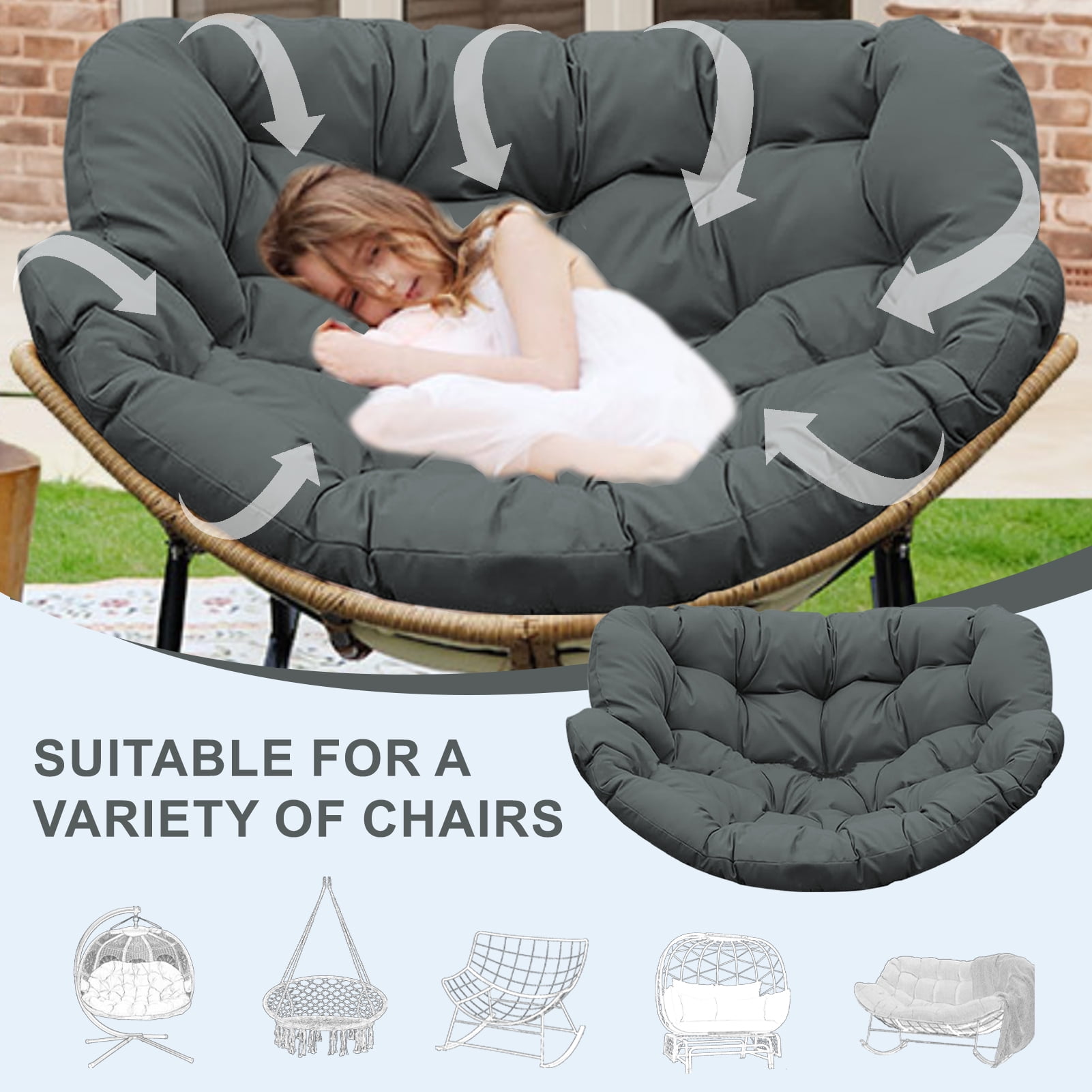 XXLYY Outdoor Rocking Chair Cushions – 6.3" Thick Waterproof Papasan Egg Chair Pad with Ties, Comfortable Round Seat Cushion for Living Room, Patio, Porch, or Balcony