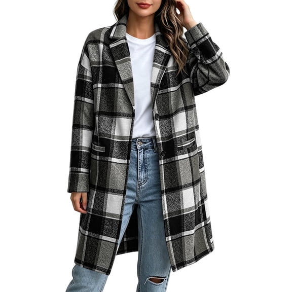 Ghalytn Women's Plaid Mid Long Coat Notched Lapel Single Button Long Sleeve Tartan Overcoat with Pockets