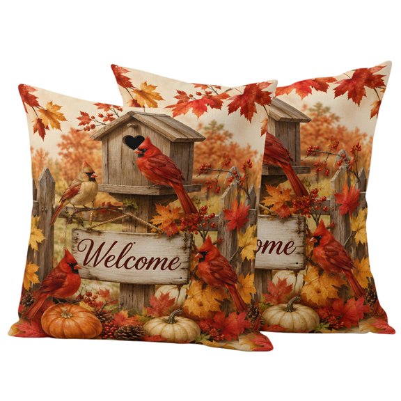 Thanksgiving Outdoor Waterproof Pillow Covers, Fall Barn Cardinal Pumpkin Maple Leaves Decorative Square Throw Pillowcase Sofa Cushion Sham for Patio/Couch/Chair, 16"x16" 2 Pack