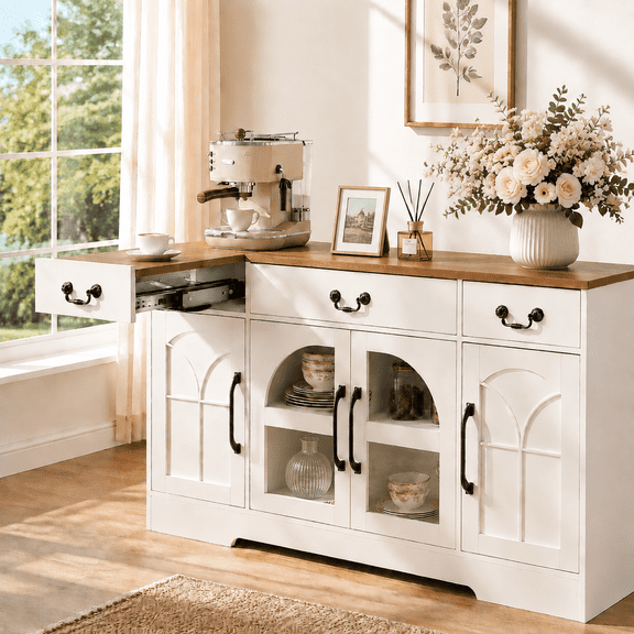 Keenstone Expandable Buffet Cabinet with Storage, 55.1" W Sideboard Cabinet with Drawers and Glass Doors, Coffee Bar Cabinet with Adjustable Shelves, White