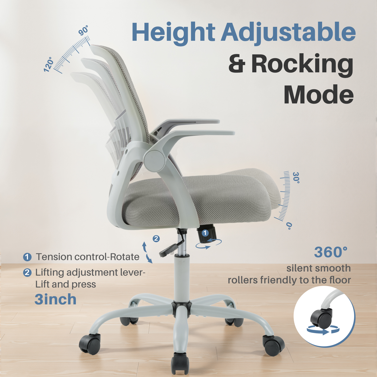 EDX Desk Chair with Ergonomic Lumbar Support, Flip-Up Armrests & Removable Footrest - 250lbs Capacity, Suitable for Home, Office, Bedroom, Gray