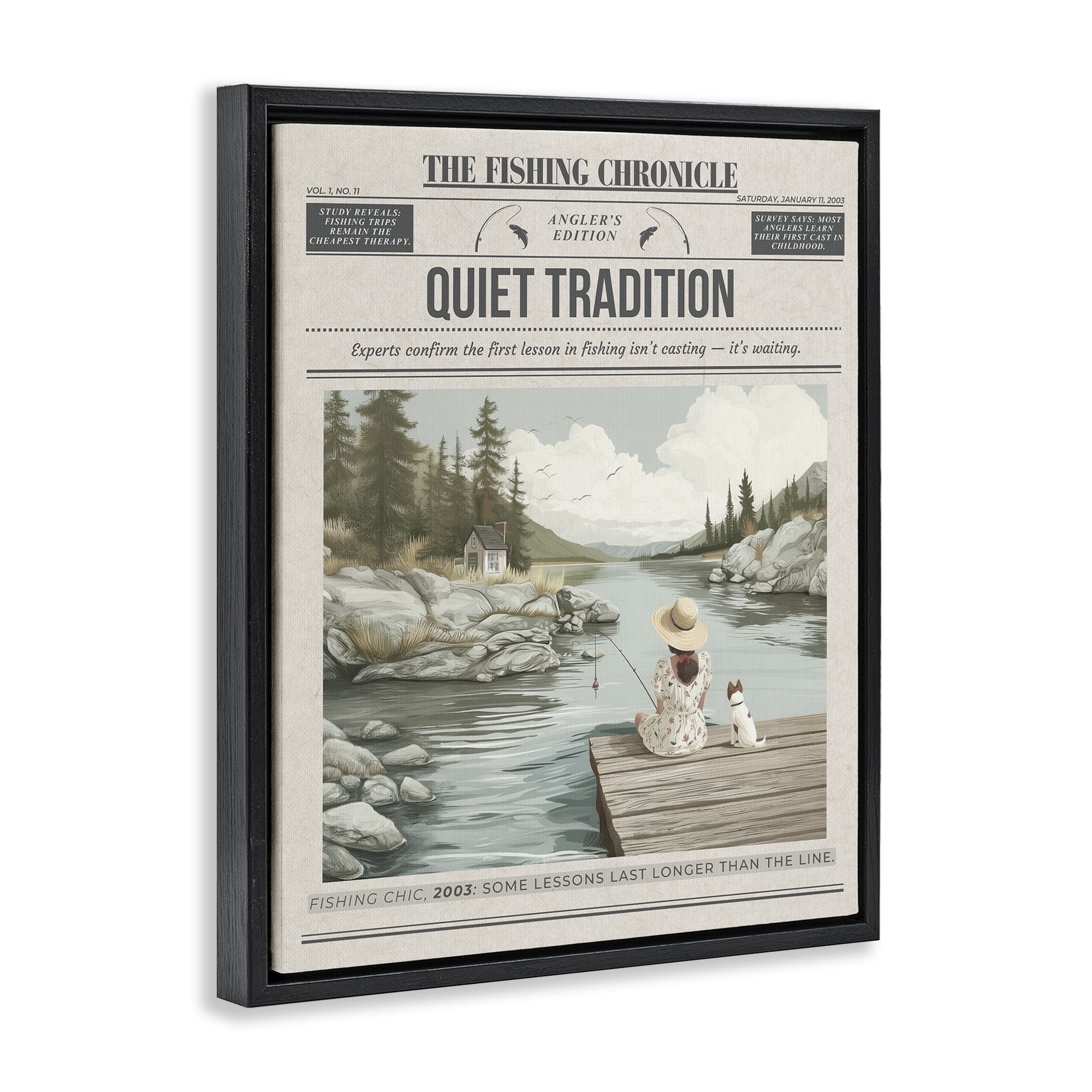Stupell Industries Fishing Chronicle Magazine Black Framed Floater Canvas Wall Art, design by A Barefoot Stylist