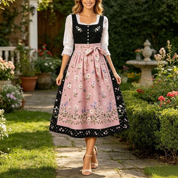 QUNYINEY Long Vacation Dresses for Women Casual Oktoberfest Sleeveless German Dirndl Dress Beer Carnival A Line Loose Fit Square Neckline Dresses