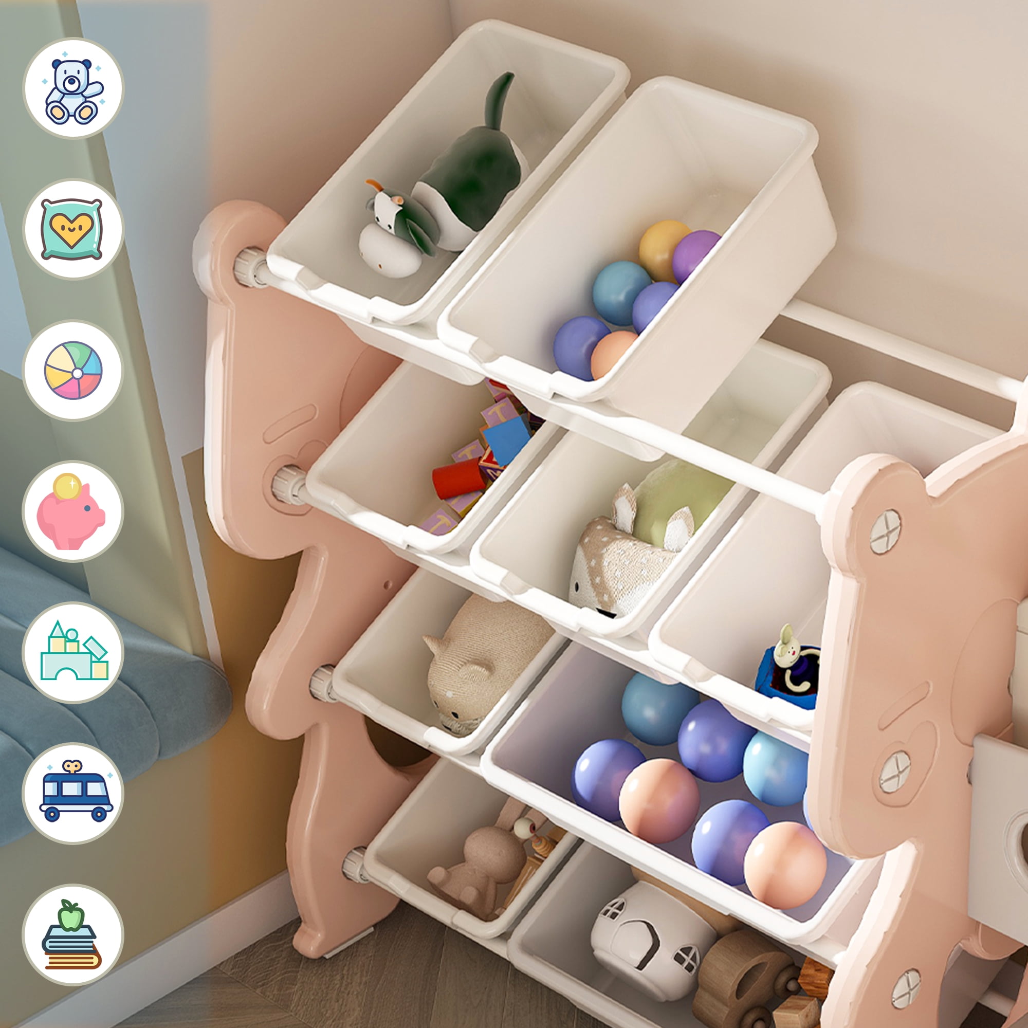 Kids Toy Storage Organizer with 12 Removable Toy Bins, Toy Organizer with 2 Tier Bookshelf for Playroom, Kids Room, Bedroom, Classroom
