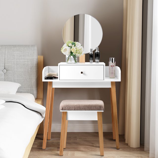Patiojoy Wooden Vanity Makeup Dressing Table Round Mirror Cushioned Stool with 1 Drawer