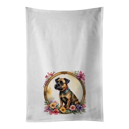 Carolines Treasures DAC2099WTKT 0.1 x 28 x 19 in. Border Terrier & Flowers Kitchen Towel - Set of 2