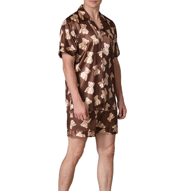 SUNSIOM Men Silk Satin Pajamas Sets Short Sleeve Sleepwear Button-Down PJs Sets Two-Pieces Loungewear