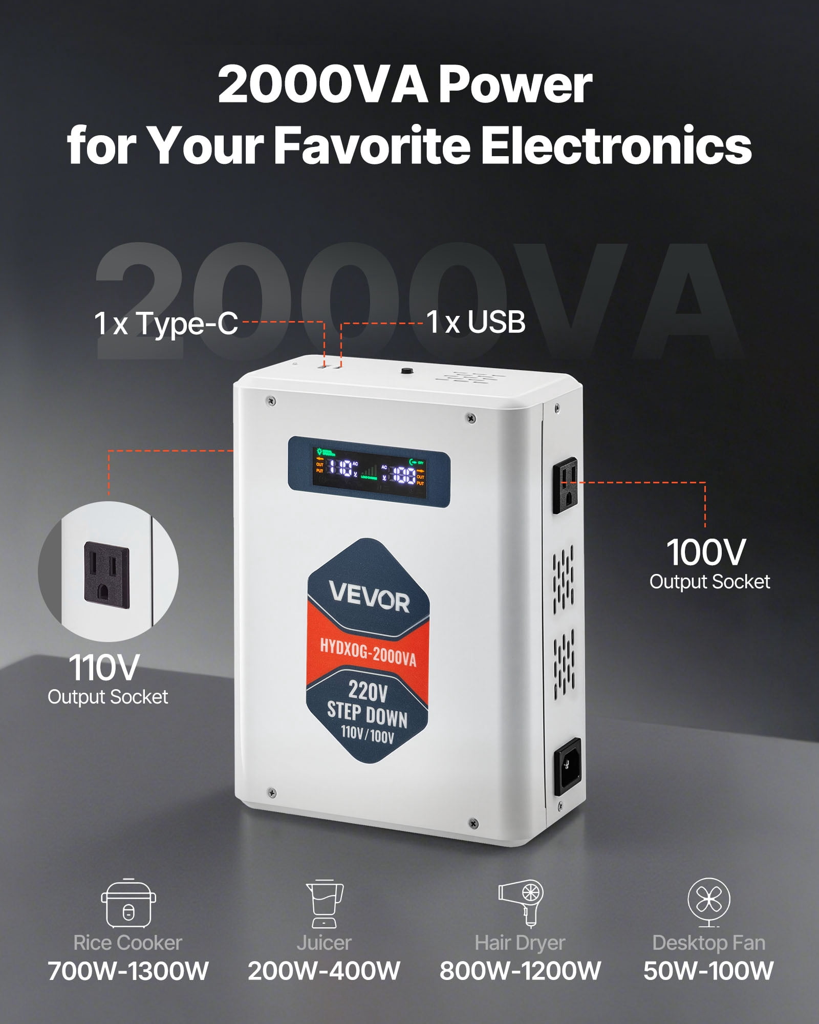 VEVOR Step Down Voltage Converter, 2000W, Heavy Duty Voltage Power Converter, 220V to 110V Power Transformer, with 2 US Outlets, USB Output, LCD Display, Temperature Protection, for 110V Appliances