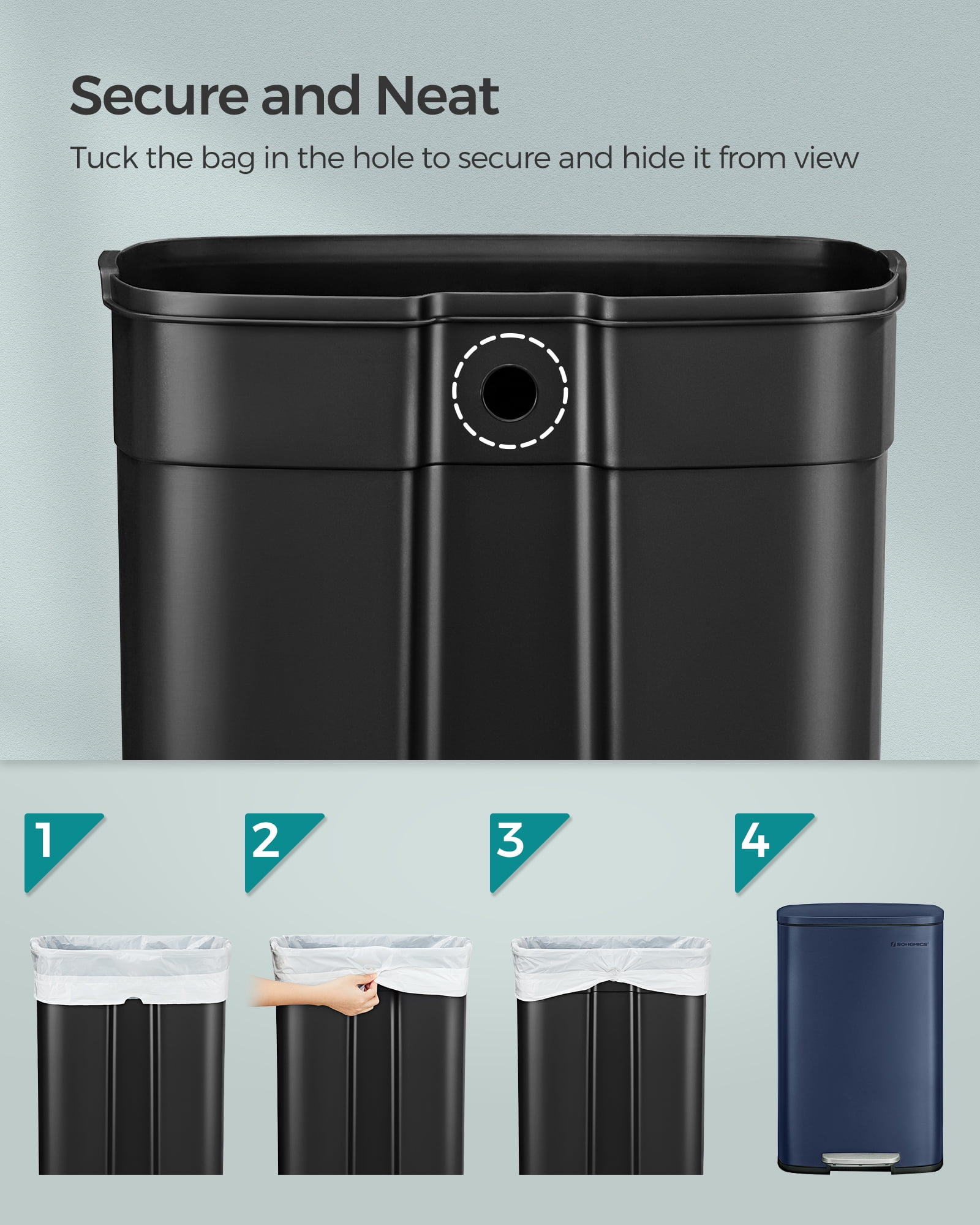 13 Gallon Stainless Steel Trash Can - Step-On Pedal, Soft Close Lid, Kitchen Bin, Removable Bucket, Midnight Blue