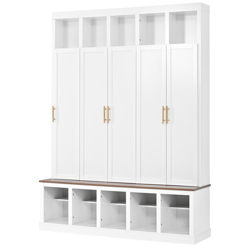 Farmhouse Hall Tree with 5 Doors and Top Storage Compartments, Entryway Coat Rack with Hooks, Mudroom Bench with Shoe Cubbies for Hallway Living Room