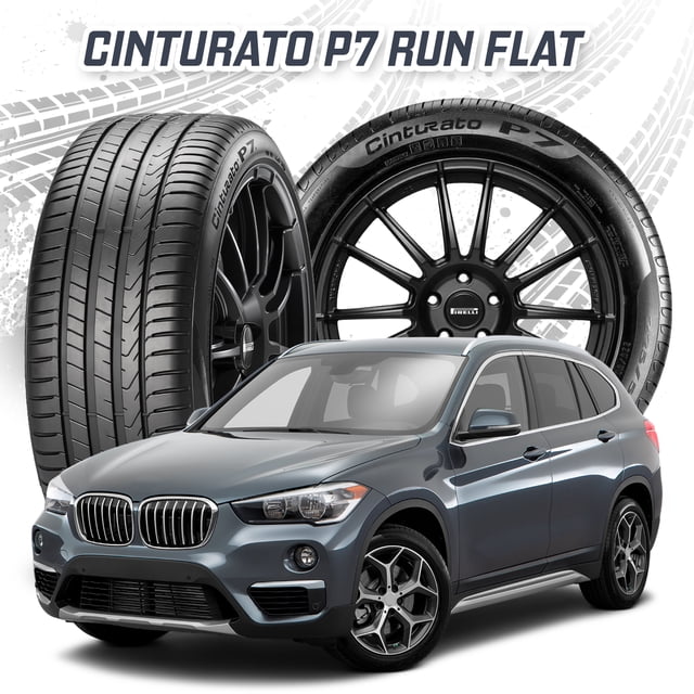 paquete de 2 llantas pirelli cint p7 205 55 r16 91w runflat dos llantas negras Pirelli con dibujo de banda de rodamiento visible y flancos marcados, montadas en rines oscuros de 16 pulgadas junto a un SUV gris sobre fondo blanco con patrón de huella.